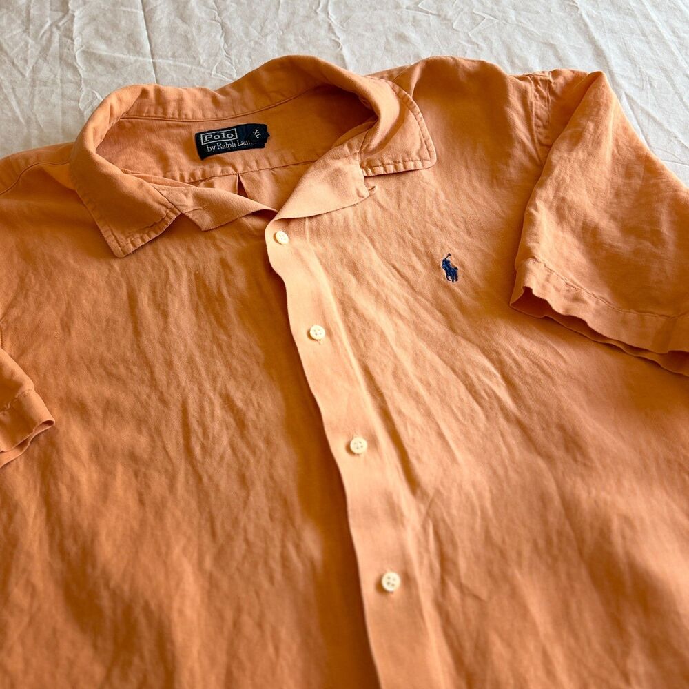 Polo Ralph Lauren Linen Silk Shirt Mens XXL Salmon Camp Collar Short Sleeve Logo